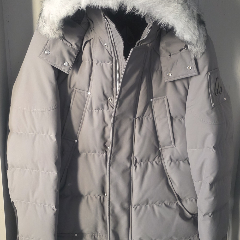 Moose Knuckles Gray Puffer Jacket with Faux Fur Hood